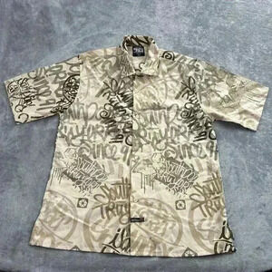 Southpole Shirt Men's Large Brown Button Up Streetwear Graffiti AOP Y2K